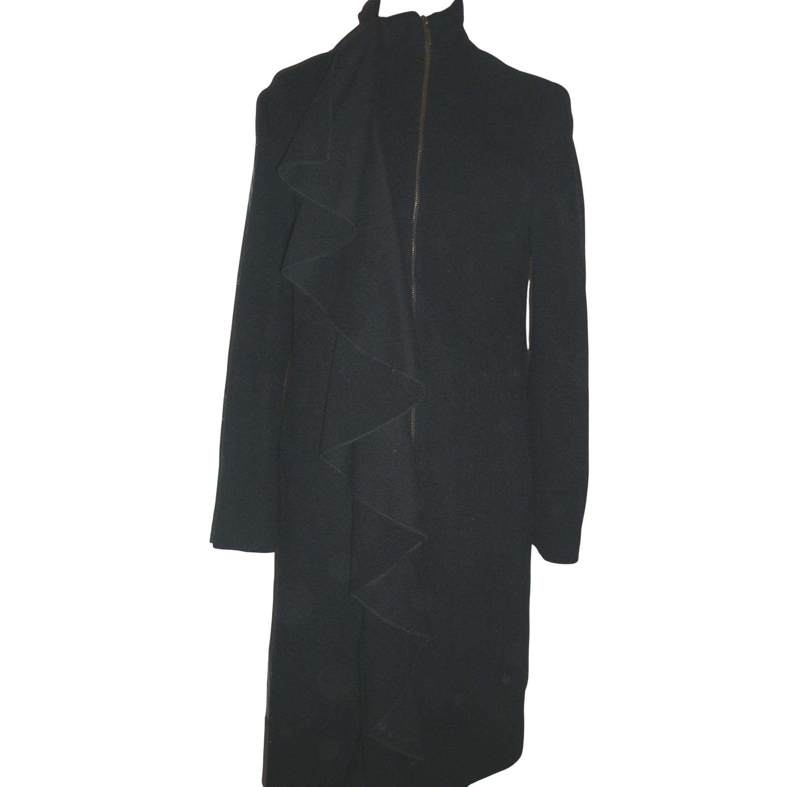 Black Asymmetric Ruffle Front Zip Up High Neck Wool Blend Overcoat Jacket